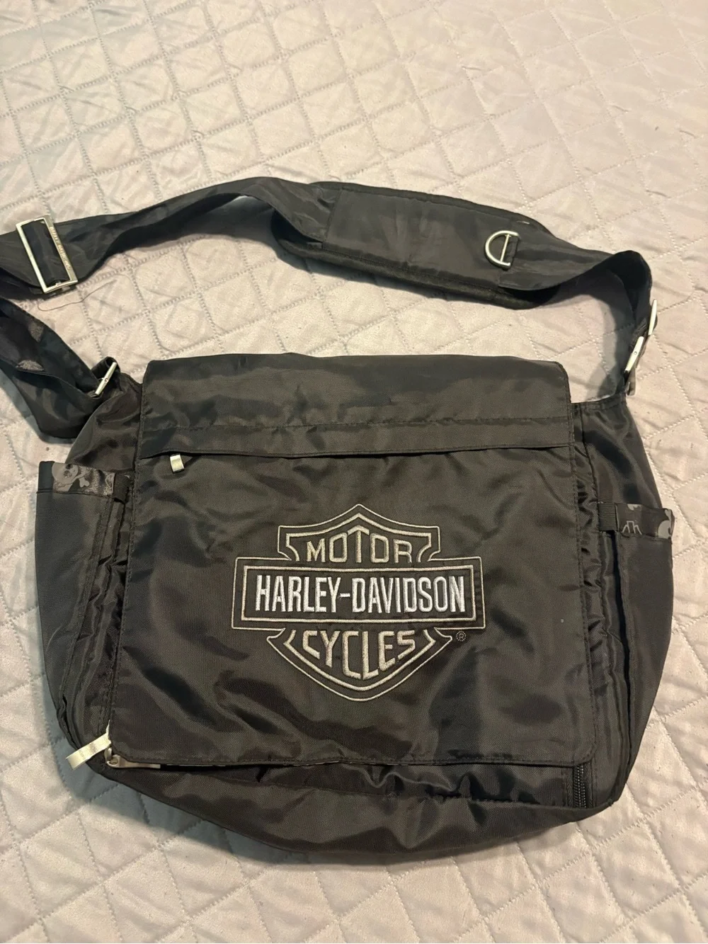 Harley-Davidson Black Nylon Messenger Bag with White Logo Stitching
